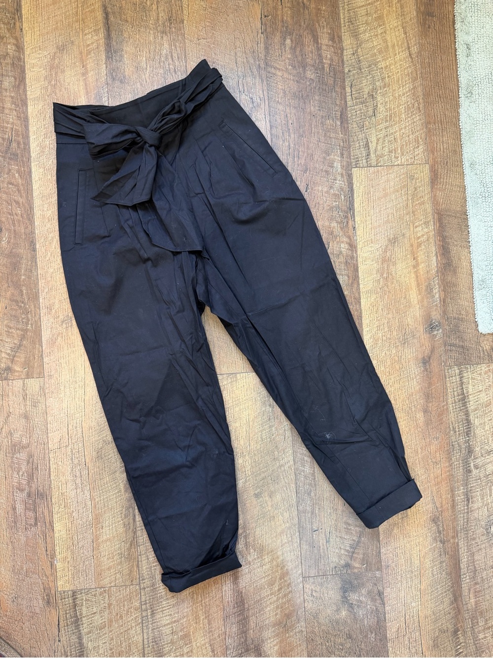 High-Waist Tie Front Black Paperbag Barrel Pants
